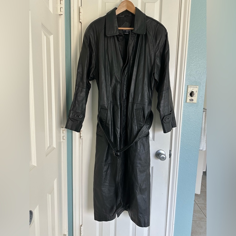 Vintage Duncan Row Women’s Black Leather Trench Coat size Medium